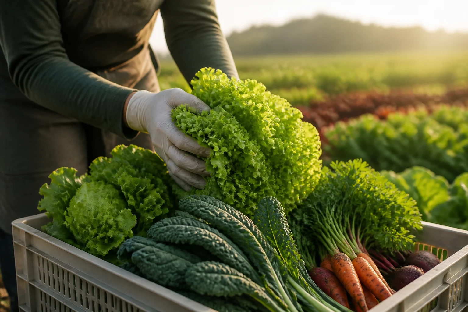 Colheita cuidadosa de verduras frescas em uma plantação