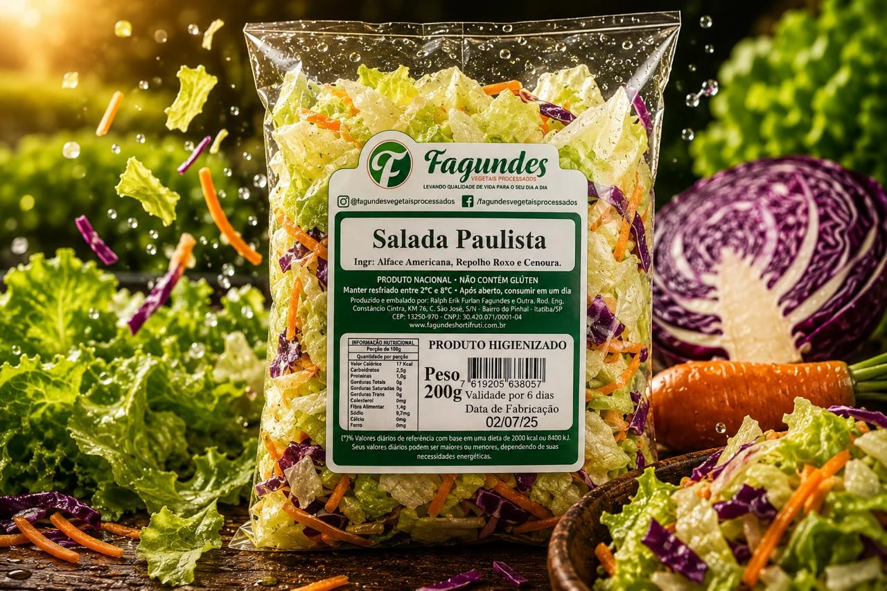 Embalagem de Salada Paulista Fagundes rodeada por ingredientes frescos